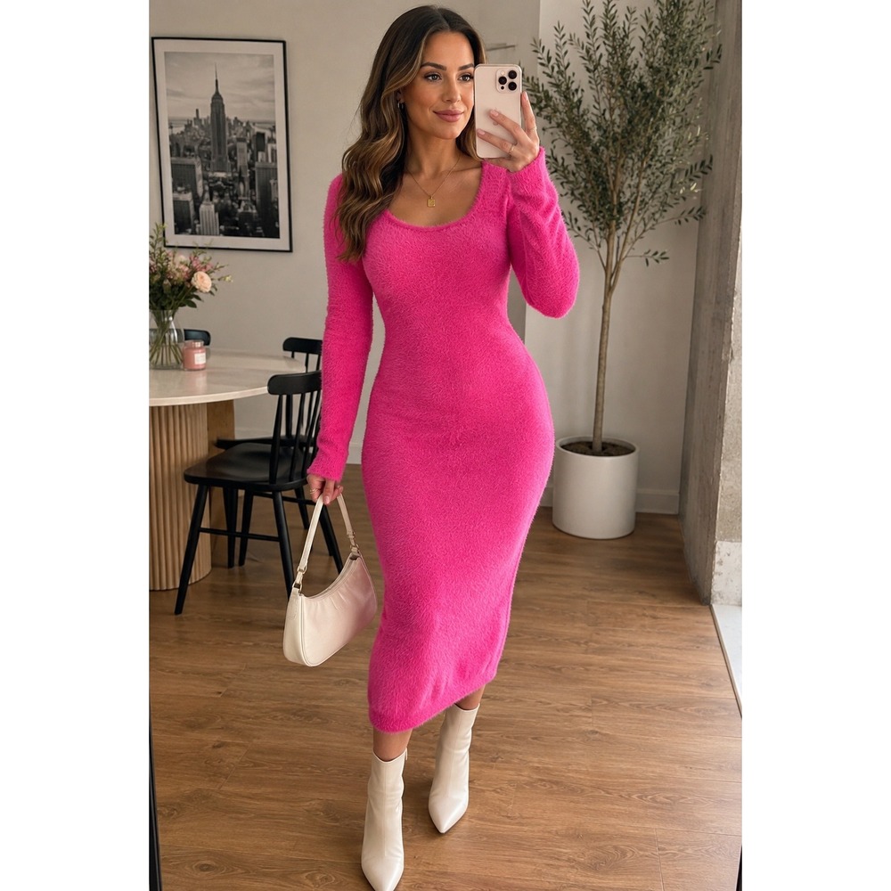 GB Hot Pink Eyelash Knit Long Sleeve  Fuzzy Midi Sweater Dress GB9612SWR XL